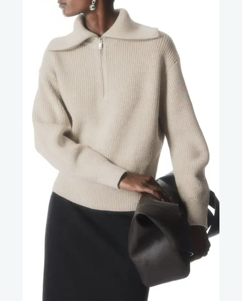 COS Merino Wool Blend Quarter Zip Sweater Ivory Ribbed Collar Small S